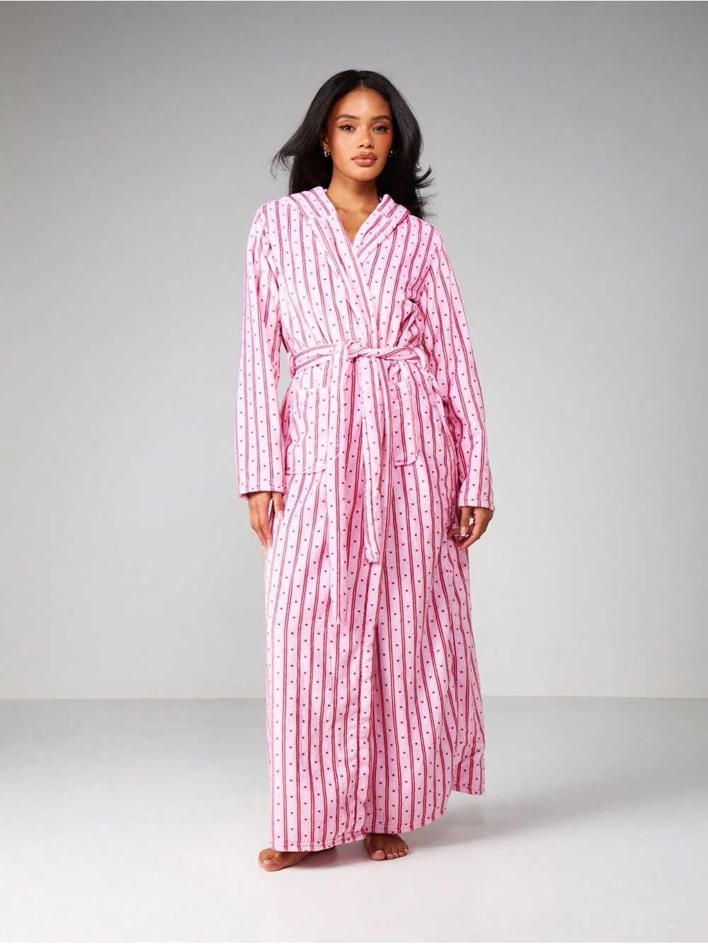 Missguided Pink Heart Striped Maxi Robe with Tie Belt